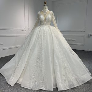 BYG-#LB19-Luxurious hand-beaded low-cut long-sleeve wedding dress