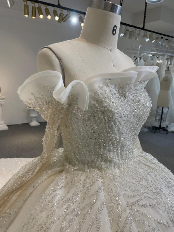 BYG24-24 SPARKING LACE RUFFLE EDGE OFF SHOULDER BALL GOWN WEDDING DRESS - Image 2