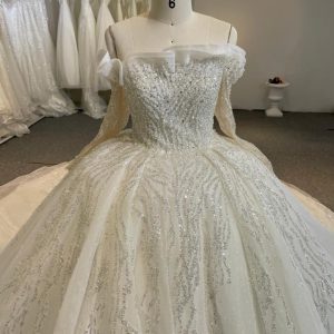 BYG24-24 SPARKING LACE RUFFLE EDGE OFF SHOULDER BALL GOWN WEDDING DRESS