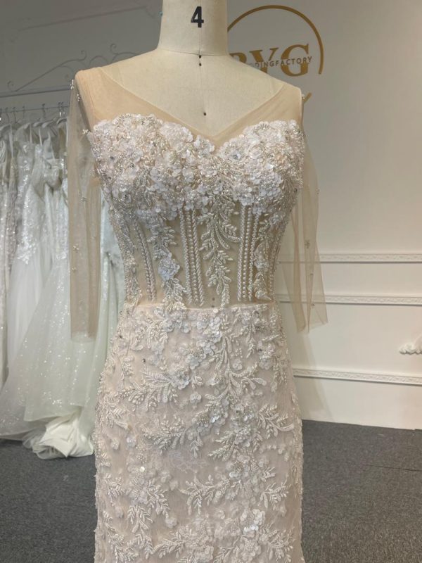 BYG24-8 V-NECK MERMAID LACE FLOWER WEDDING DRESS - Image 2