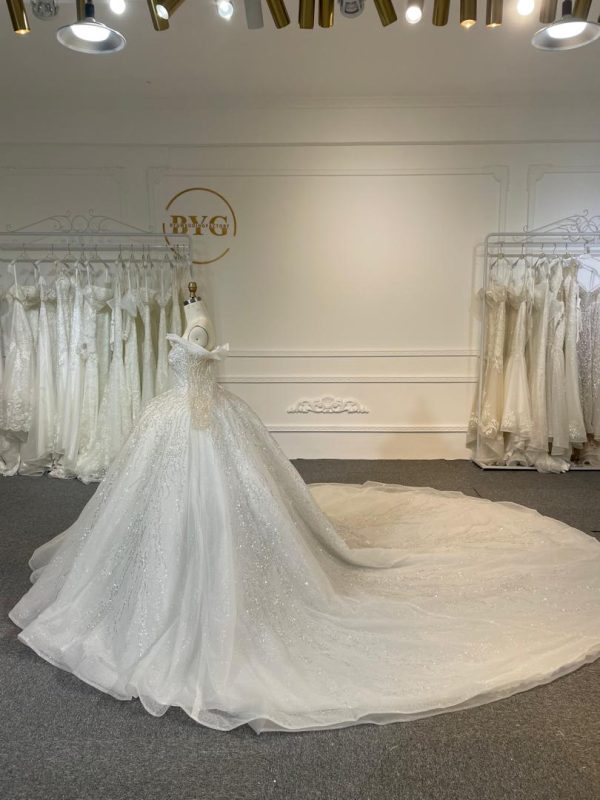 BYG24-24 SPARKING LACE RUFFLE EDGE OFF SHOULDER BALL GOWN WEDDING DRESS - Image 6
