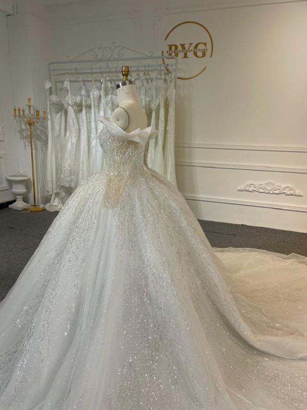 BYG24-24 SPARKING LACE RUFFLE EDGE OFF SHOULDER BALL GOWN WEDDING DRESS - Image 4