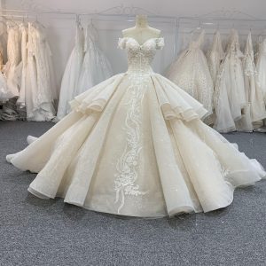 BYG off the shoulder champagne color puffy wedding dress