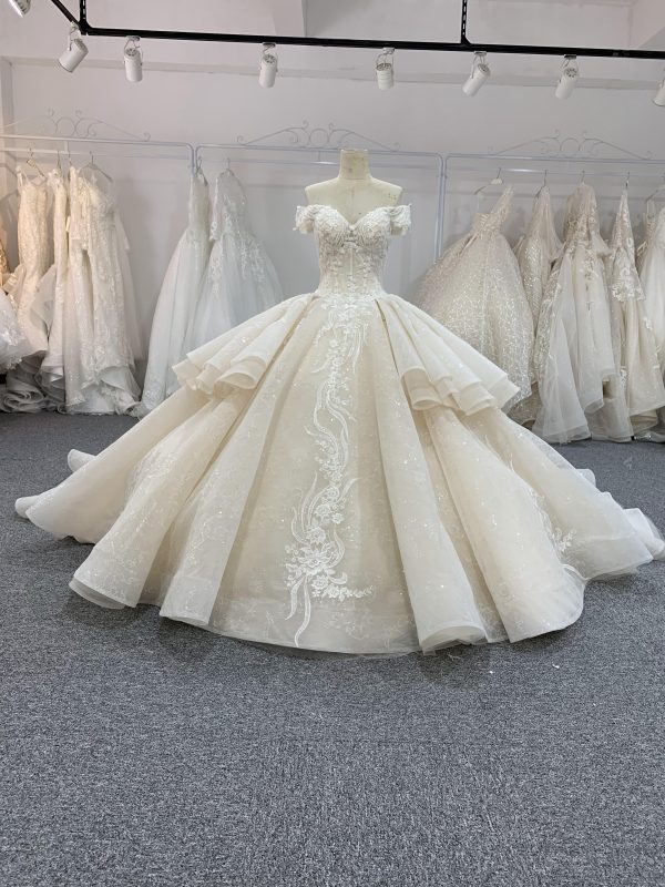 BYG off the shoulder champagne color puffy wedding dress
