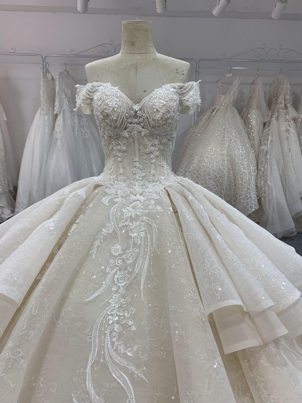 BYG off the shoulder champagne color puffy wedding dress - Image 2