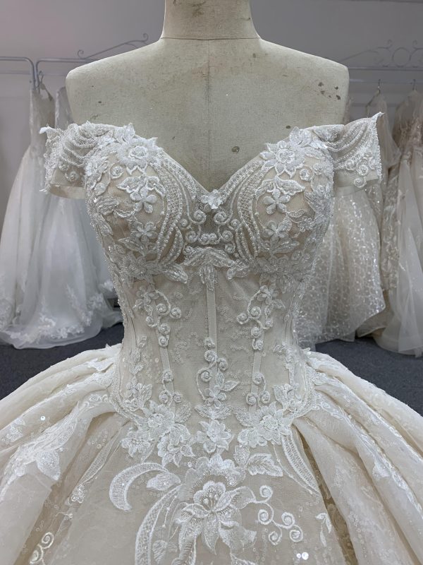 BYG off the shoulder champagne color puffy wedding dress - Image 5