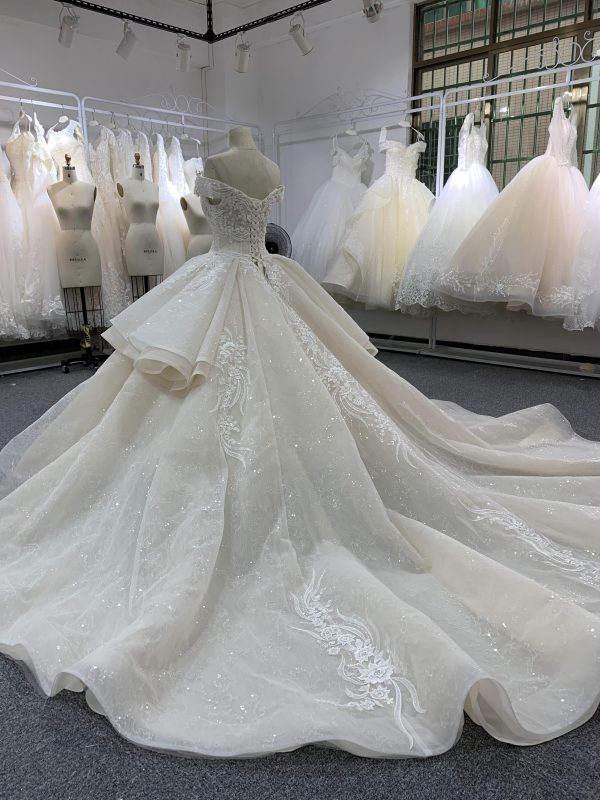 BYG off the shoulder champagne color puffy wedding dress - Image 3