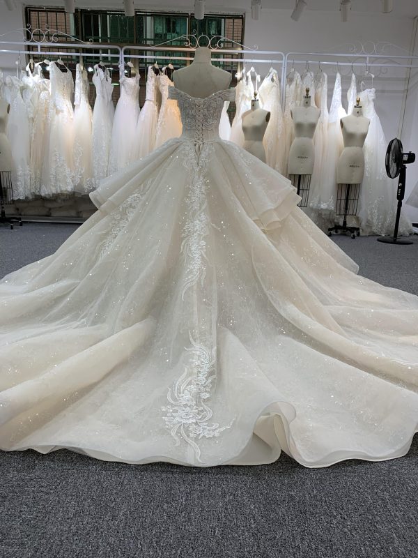 BYG off the shoulder champagne color puffy wedding dress - Image 7