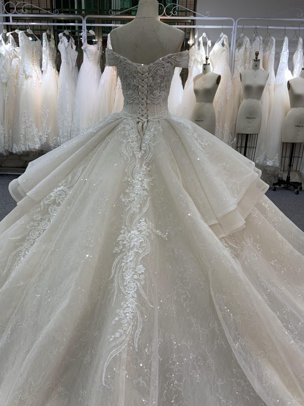 BYG off the shoulder champagne color puffy wedding dress - Image 8