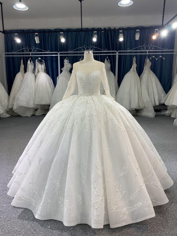 B202# Long Sleeved Full Bead Wedding Grown Dress With Big Tail - Image 2