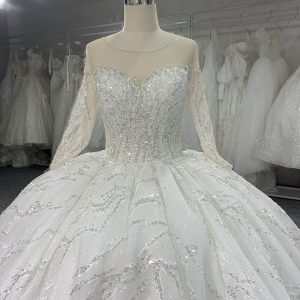B202# Long Sleeved Full Bead Wedding Grown Dress With Big Tail