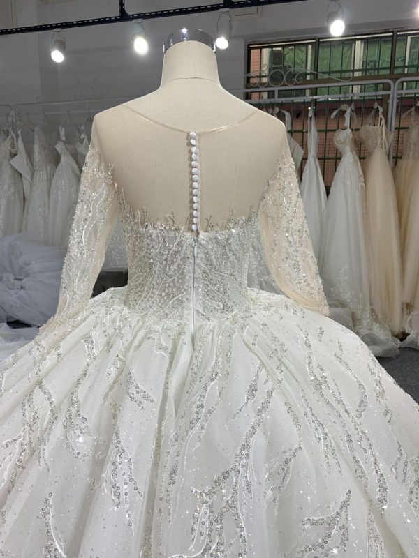 B202# Long Sleeved Full Bead Wedding Grown Dress With Big Tail - Image 3