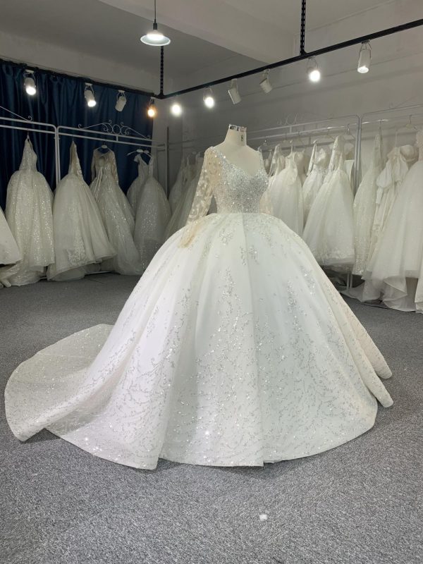 B212# Long Sleeve Pearl Beaded Wedding Dresses Ball Gown U-neck - Image 4