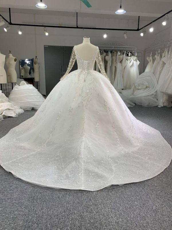 B212# Long Sleeve Pearl Beaded Wedding Dresses Ball Gown U-neck - Image 5
