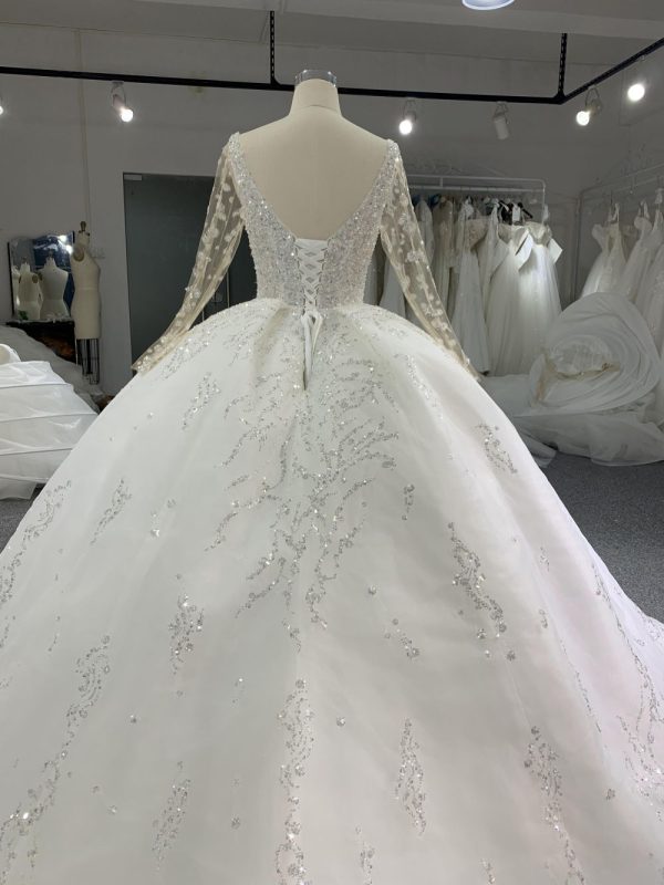 B212# Long Sleeve Pearl Beaded Wedding Dresses Ball Gown U-neck - Image 6