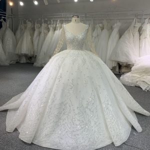B212# Long Sleeve Pearl Beaded Wedding Dresses Ball Gown U-neck