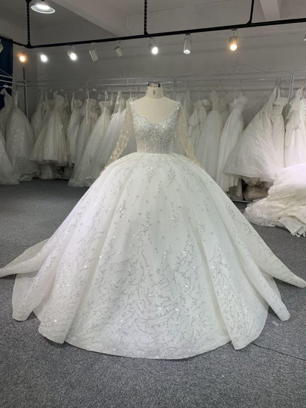 B212# Long Sleeve Pearl Beaded Wedding Dresses Ball Gown U-neck