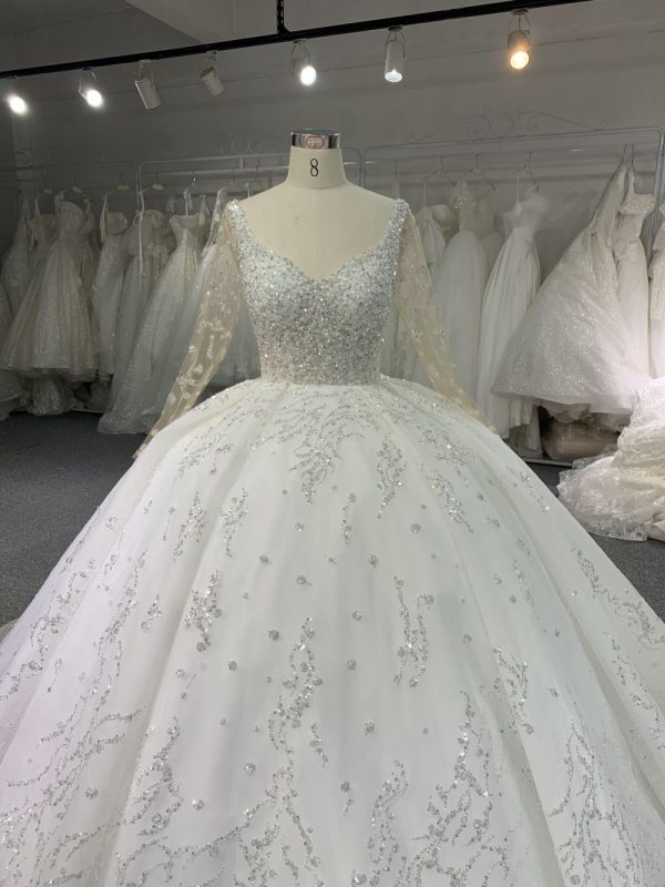B212# Long Sleeve Pearl Beaded Wedding Dresses Ball Gown U-neck - Image 2