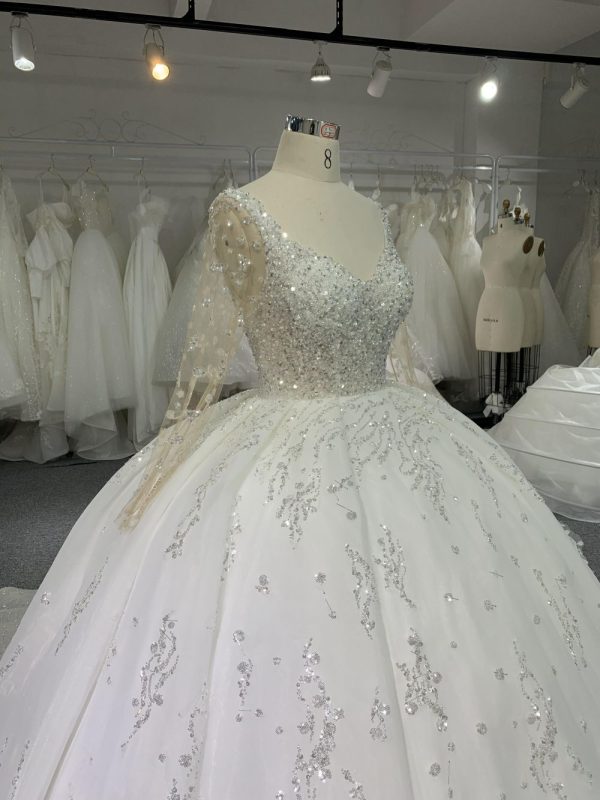 B212# Long Sleeve Pearl Beaded Wedding Dresses Ball Gown U-neck - Image 3