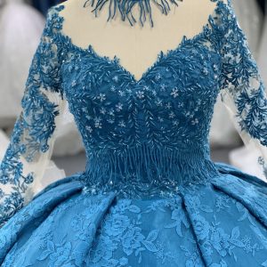 B208 #Large Trailing Tail Of Blue Lace Embroidery Long Sleeve Wedding Grown Dress