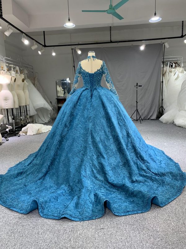 B208 #Large Trailing Tail Of Blue Lace Embroidery Long Sleeve Wedding Grown Dress - Image 2