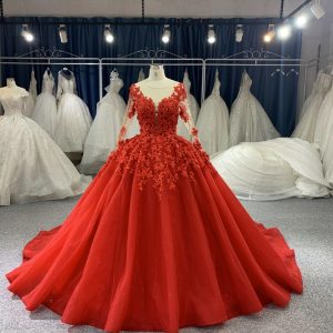 B206# Red Long Sleeve Beading 3D Lace Weeding Grown Dress With Long Trail