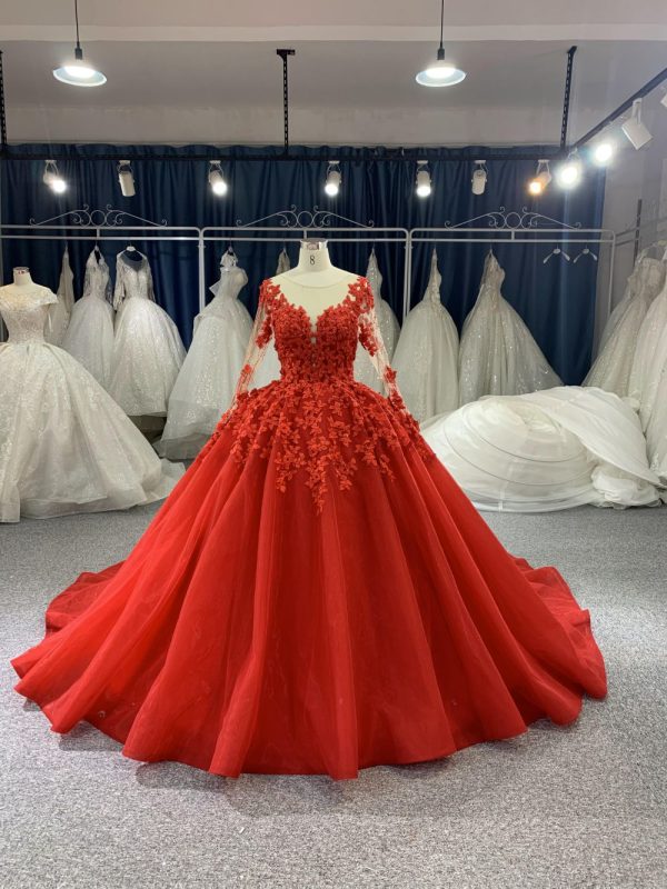 B206# Red Long Sleeve Beading 3D Lace Weeding Grown Dress With Long Trail