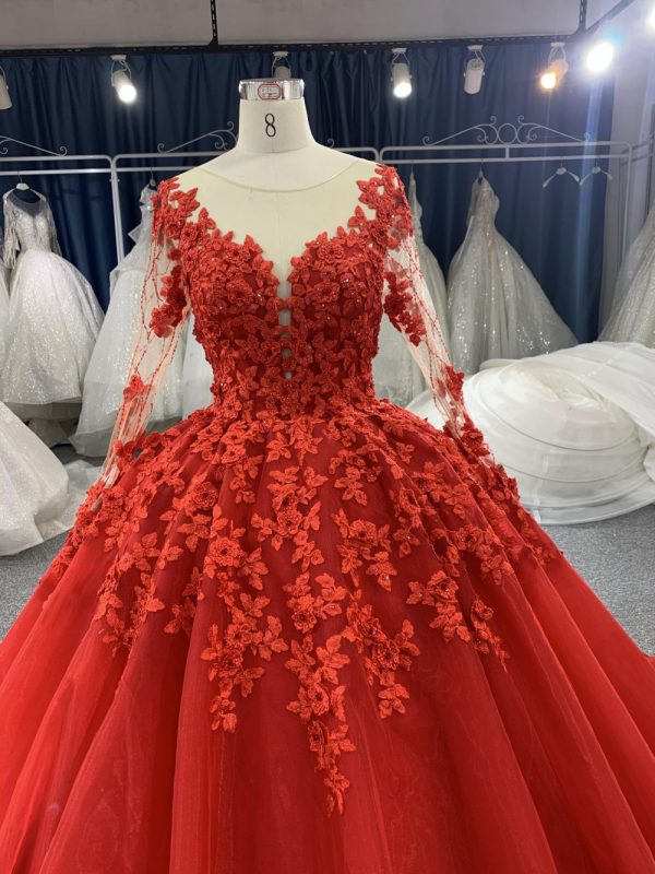 B206# Red Long Sleeve Beading 3D Lace Weeding Grown Dress With Long Trail - Image 2
