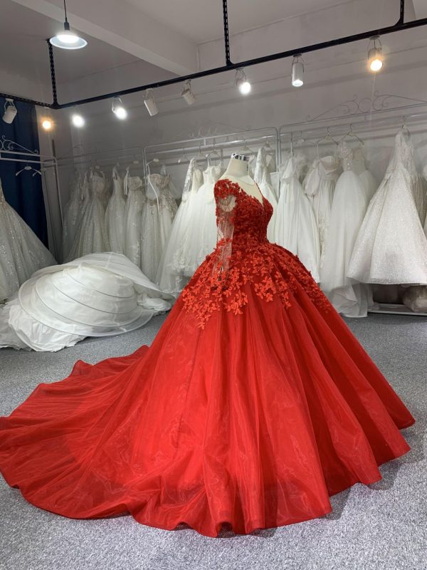 B206# Red Long Sleeve Beading 3D Lace Weeding Grown Dress With Long Trail - Image 5