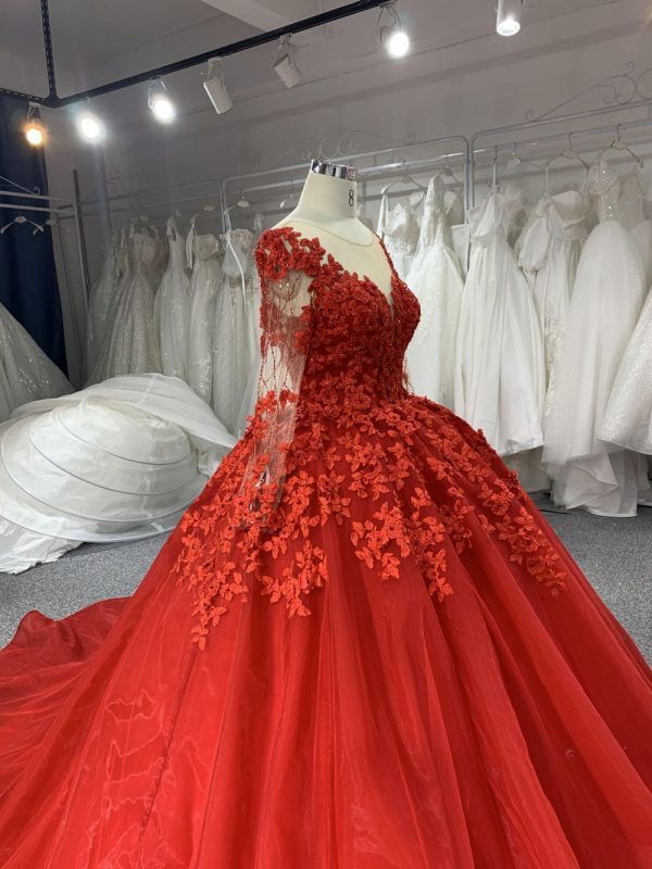B206# Red Long Sleeve Beading 3D Lace Weeding Grown Dress With Long Trail - Image 4
