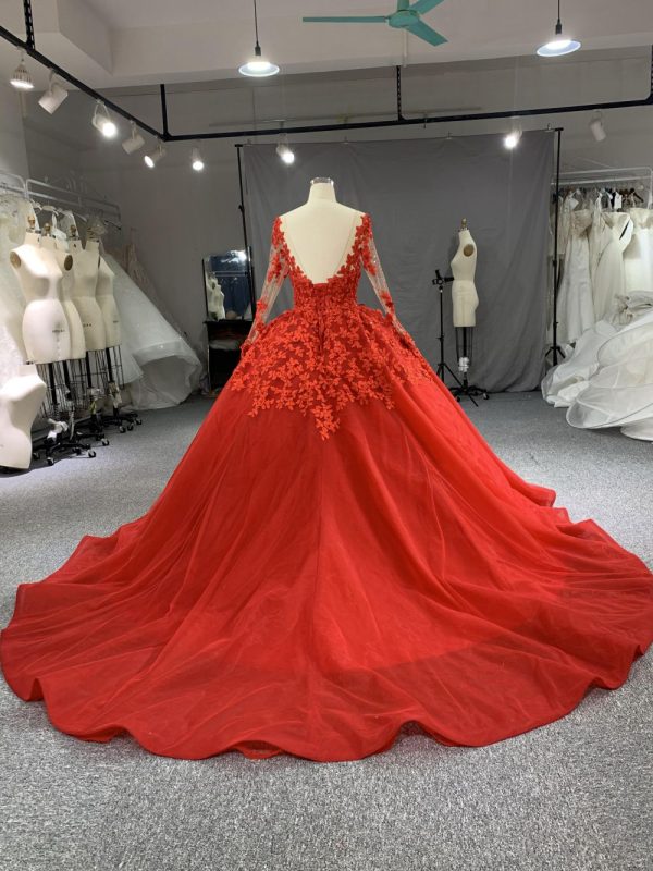 B206# Red Long Sleeve Beading 3D Lace Weeding Grown Dress With Long Trail - Image 6