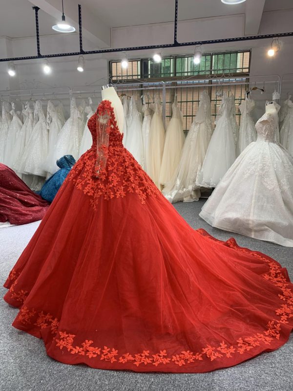 B206# Red Long Sleeve Beading 3D Lace Weeding Grown Dress With Long Trail - Image 3