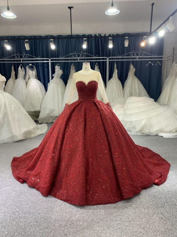 B204#Red Trailing Long Slveeves Full Beads Wedding Grown Dress - Image 2