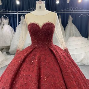 B204#Red Trailing Long Slveeves Full Beads Wedding Grown Dress
