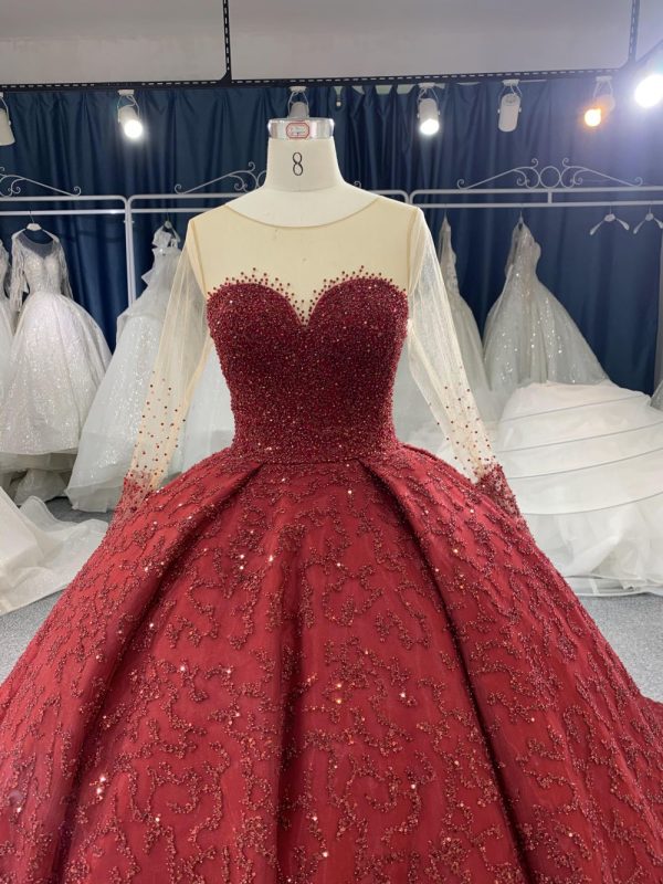B204#Red Trailing Long Slveeves Full Beads Wedding Grown Dress