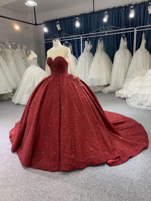 B204#Red Trailing Long Slveeves Full Beads Wedding Grown Dress - Image 3