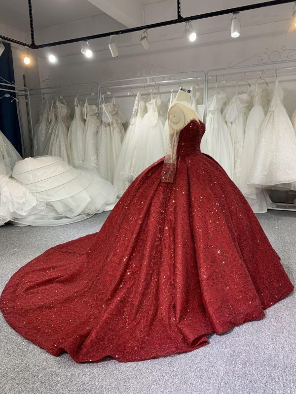 B204#Red Trailing Long Slveeves Full Beads Wedding Grown Dress - Image 5