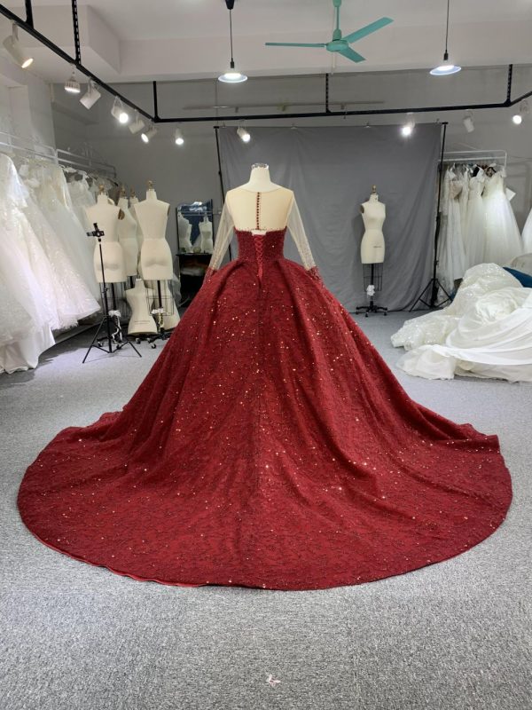 B204#Red Trailing Long Slveeves Full Beads Wedding Grown Dress - Image 6