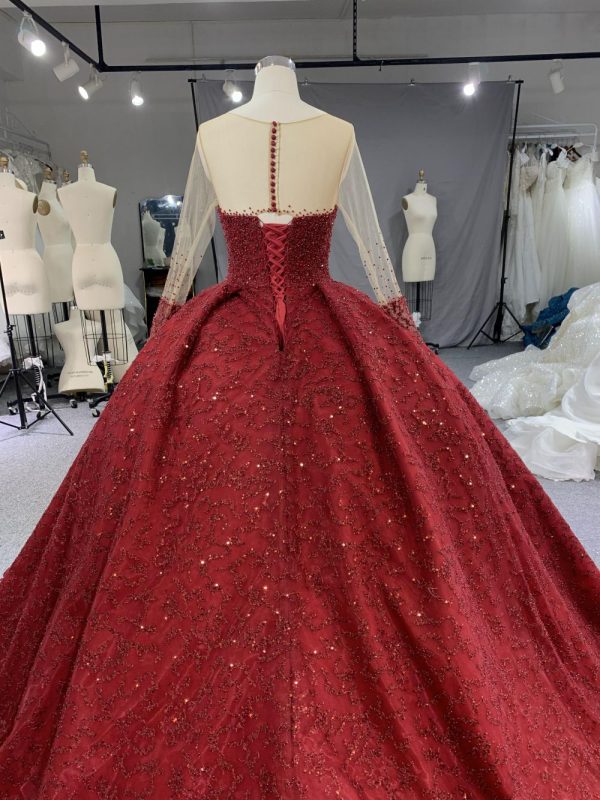B204#Red Trailing Long Slveeves Full Beads Wedding Grown Dress - Image 4