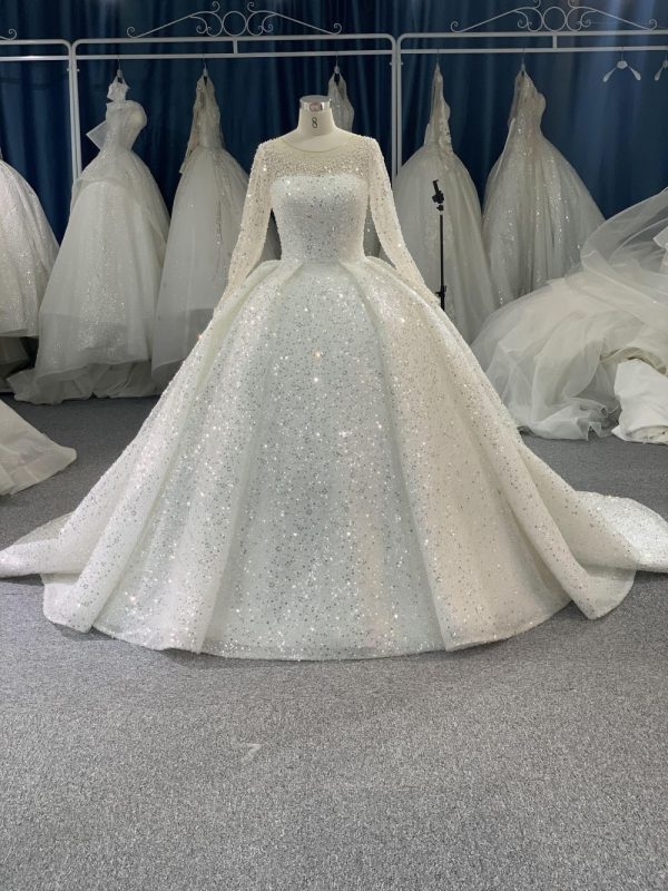 B215# Luxury crystal beaded high neck royal ballgown wedding dress with puffy long sleeve and tiered skirt - Image 2