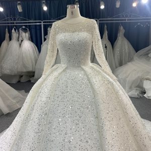 B215# Luxury crystal beaded high neck royal ballgown wedding dress with puffy long sleeve and tiered skirt