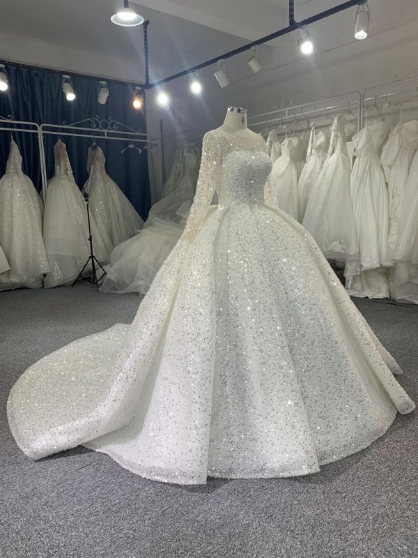 B215# Luxury crystal beaded high neck royal ballgown wedding dress with puffy long sleeve and tiered skirt - Image 4