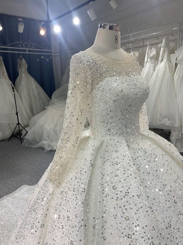 B215# Luxury crystal beaded high neck royal ballgown wedding dress with puffy long sleeve and tiered skirt - Image 5