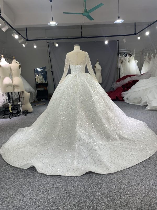 B215# Luxury crystal beaded high neck royal ballgown wedding dress with puffy long sleeve and tiered skirt - Image 6