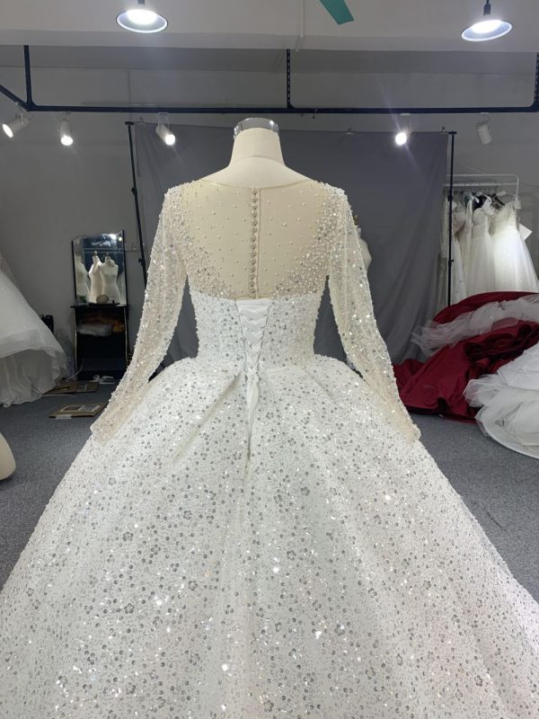 B215# Luxury crystal beaded high neck royal ballgown wedding dress with puffy long sleeve and tiered skirt - Image 3