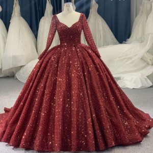 B205# Red Netting With Large Trailing Tail And Shining Lace Long Sleeves