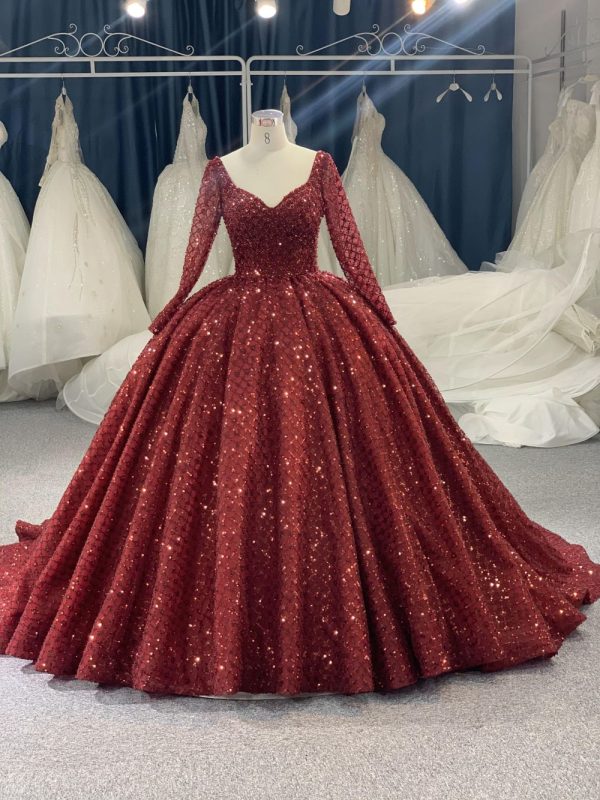 B205# Red Netting With Large Trailing Tail And Shining Lace Long Sleeves