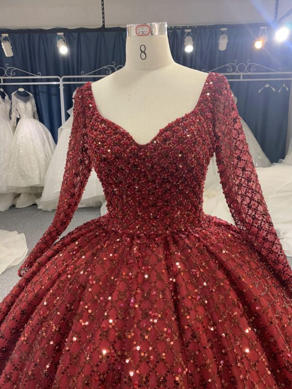 B205# Red Netting With Large Trailing Tail And Shining Lace Long Sleeves - Image 2