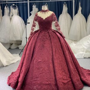 B208 #Large Trailing Tail Of Maroon Lace Embroidery Long Sleeve Wedding Grown Dresss
