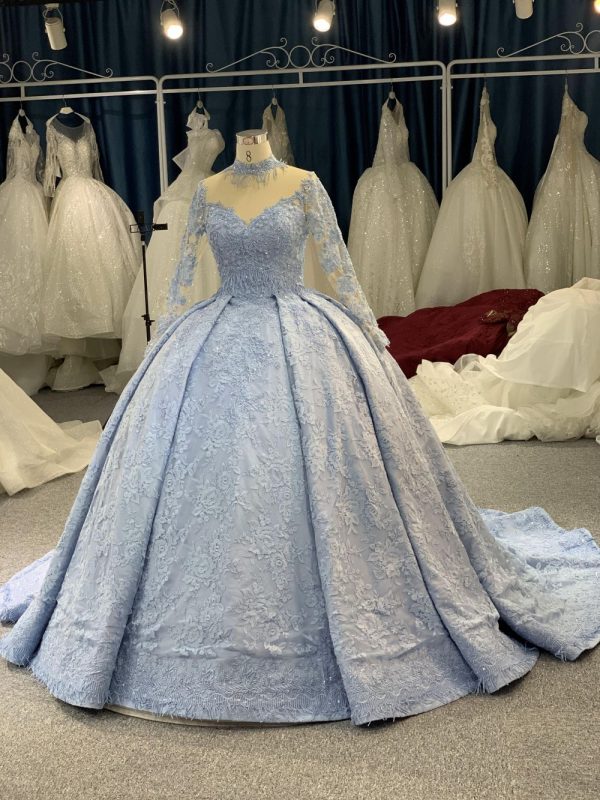 B208 #Large Trailing Tail Of Sky Blue Lace Embroidery Long Sleeve Wedding Grown Dresss - Image 2